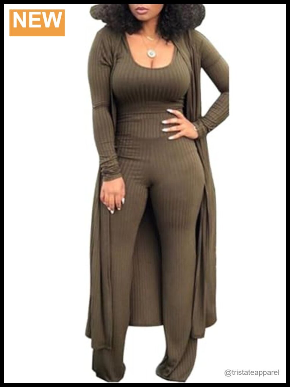 Women's 3 Piece Ribbed Knit Cardigan Wide Leg Pants Casual Set